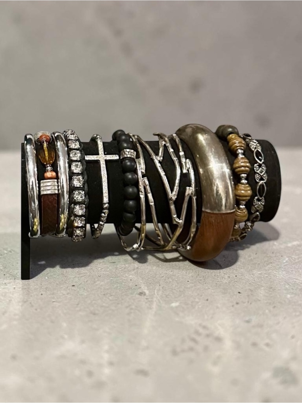 Signature Faith Mixed Metal Wood Stackable Bracelet Set Cuff Cross Black Brown
